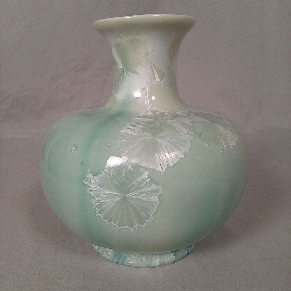 Mud Works Crystalline Vase '04 Blue Teal Silver Blooms 6.25" x 5.5" Pottery VTG